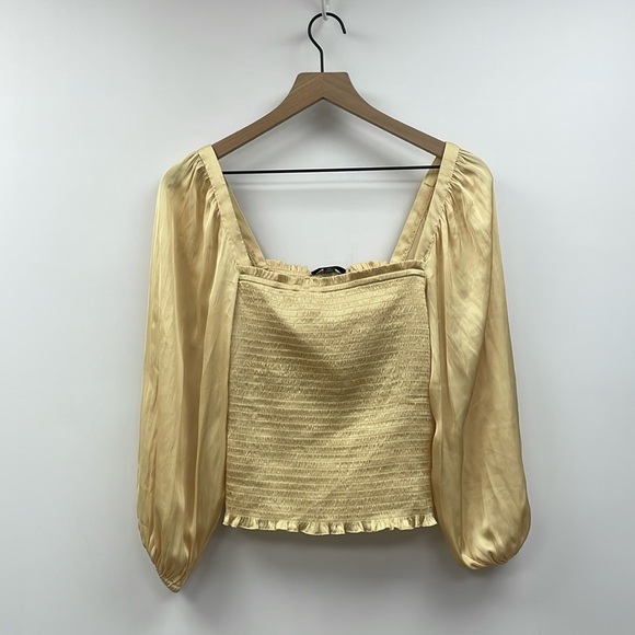 NWOT J. Crew Satin Puff Sleeve Square Neck Smocked Crop Blouse Golden Yellow XS - Picture 1 of 7